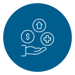 Hand icon with three symbols: a dollar sign, a house, and a medical cross, inside circles on a blue background.