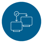 Two computer monitor icons connected by lines with arrows, one above the other, symbolizing data transfer or network communication on a blue circular background.