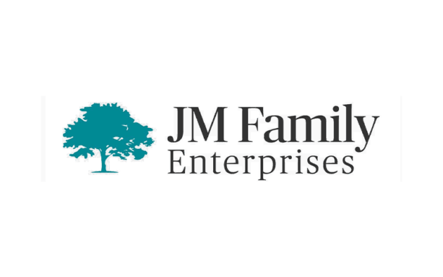 JM Family Enterprises logo featuring a teal tree silhouette on the left and company name in black text on the right.