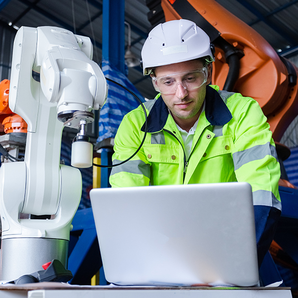 Person in safety gear working on a laptop beside an industrial robot in a manufacturing setting.