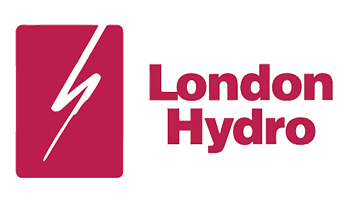 Logo of London Hydro with a stylized lightning bolt on a red background next to the company name in red text.