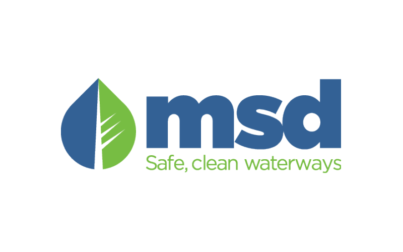 MSD logo with a green leaf and blue water drop icon, accompanied by the text "Safe, clean waterways.