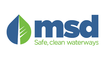 Logo of MSD with a green leaf icon and the text "msd" in blue, followed by "Safe, clean waterways" in green beneath it.