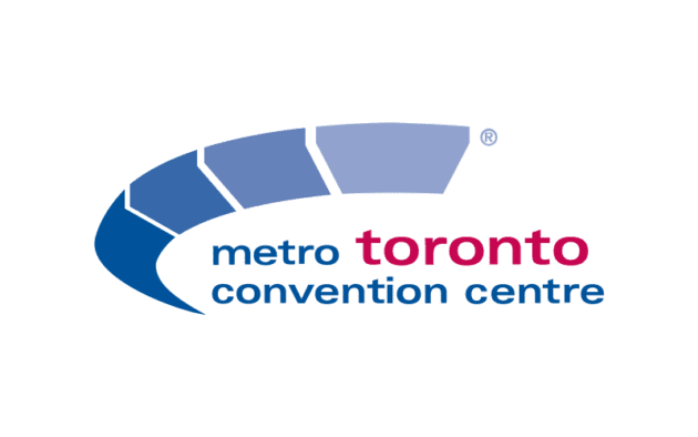 Logo of the Metro Toronto Convention Centre featuring a stylized blue arc and the name in blue and red text.