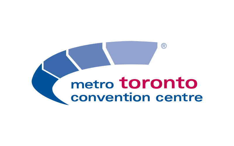 Logo of the Metro Toronto Convention Centre featuring a stylized blue arc and the name in blue and red text.