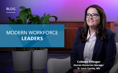 Woman sitting next to potted plants with "Modern Workforce Leaders" text overlay. A label shows her name and job title as Human Resources Manager, St. Louis County, MN.