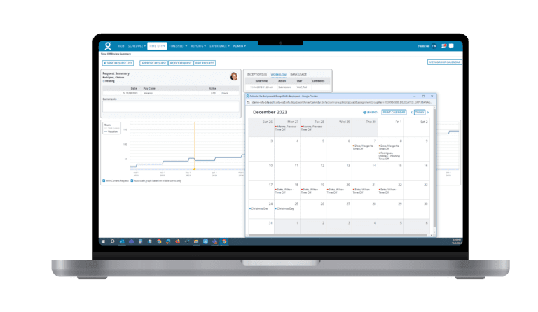 Laptop displaying a screen with a report summary, line graph, and a calendar for December 2023.