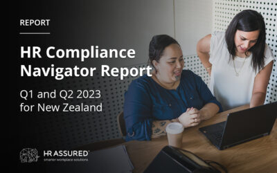 Two people working at a laptop with a report titled "HR Compliance Navigator Report Q1 and Q2 2023 for New Zealand" displayed on the screen.