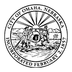 Seal of the City of Omaha, Nebraska, showing a river, sunrise, Native American on horseback, and a settler with a plow. Incorporated February 2, 1857 is written around the edge.