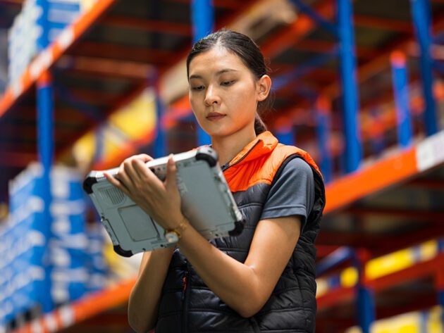 A person in a warehouse examines a tablet device, standing in front of shelves filled with colorful boxes.