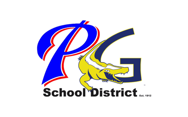 Logo of PG School District featuring a large blue and red "PG" text and a stylized yellow alligator mascot.