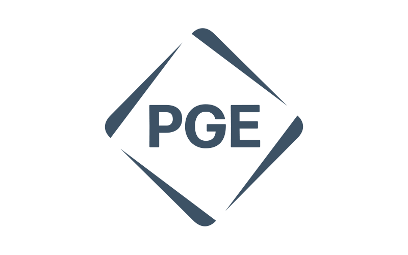 Logo featuring the letters "PGE" in the center of a diamond shape.