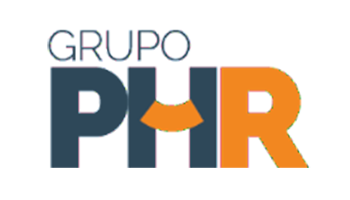 Logo of Grupo PHR with bold letters "PHR" in blue and orange, and a geometric design within the letters.