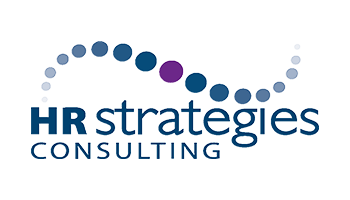 Logo of HR Strategies Consulting, featuring the company name in blue text with a row of gradient circles above.