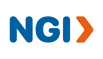 A blue and orange stylized arrow logo on a white background.