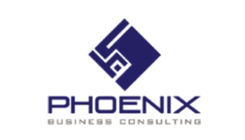 Logo with a stylized letter "P" above text reading "PHOENIX" and smaller text below. Colors are mainly dark blue.