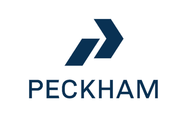 Logo of Peckham with two navy blue arrows pointing right above the word "PECKHAM" in bold navy blue text.