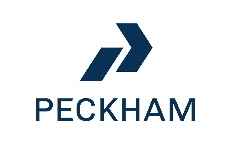 Logo of Peckham with two navy blue arrows pointing right above the word "PECKHAM" in bold navy blue text.
