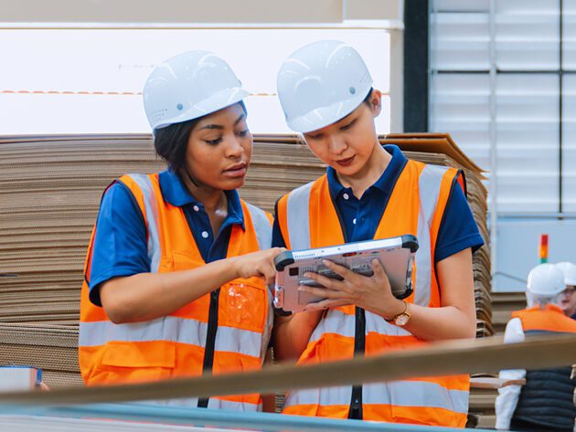 Two workers in orange safety vests and helmets discuss information on a tablet in a warehouse environment.