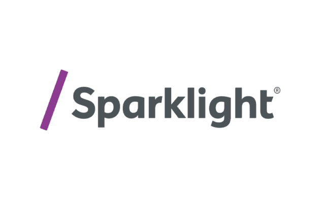 Sparklight logo with purple slash and gray text on a white background.