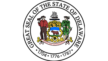 The Great Seal of the State of Delaware features a farmer, a soldier, a blue shield, and a sailing ship, with the dates 1704, 1776, and 1787.