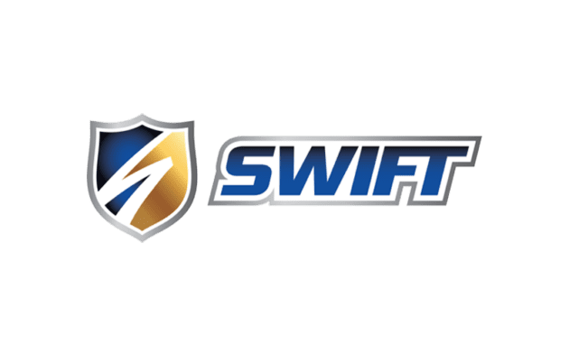 Logo of Swift featuring a shield with a stylized 'S' in blue and gold on the left, and the word "SWIFT" in bold blue letters with a silver outline on the right.