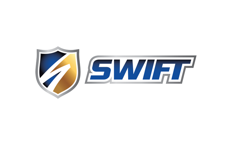 Logo of Swift featuring a shield with a stylized 'S' in blue and gold on the left, and the word "SWIFT" in bold blue letters with a silver outline on the right.