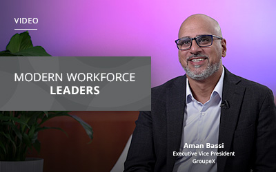 Man in a suit and glasses smiles in front of a purple background. Text reads: "Modern Workforce Leaders - Aman Bassi, Executive Vice President, GroupeX.