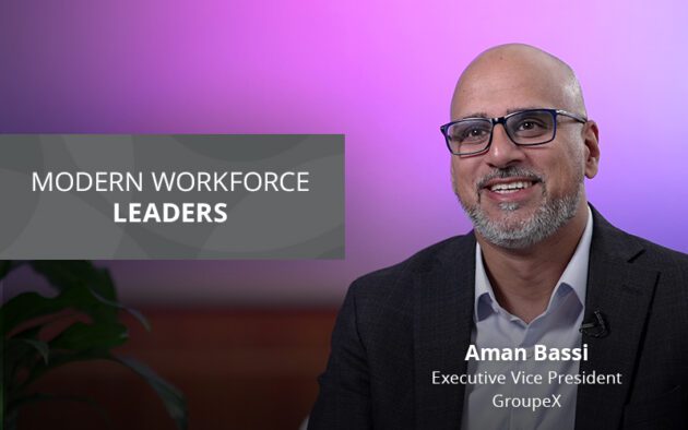 Man in glasses and suit smiling, with text "Modern Workforce Leaders" and "Aman Bassi, Executive Vice President, GroupeX" on a purple background.