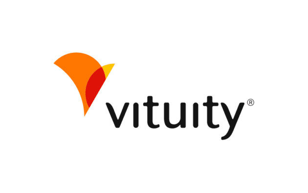 Logo of Vituity, featuring an abstract orange and red design next to the company name in black text.