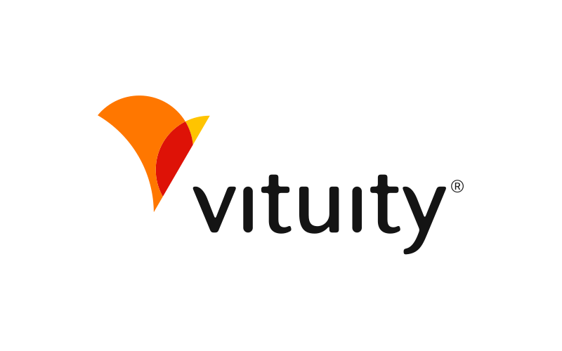 Logo of Vituity, featuring an abstract orange and red design next to the company name in black text.