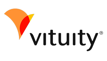 Logo of Vituity with an abstract orange and red symbol on the left and the word "vituity" in lowercase black letters.