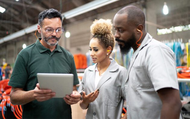 Three people in work attire and ear protection stand in a factory, discussing something on a tablet.