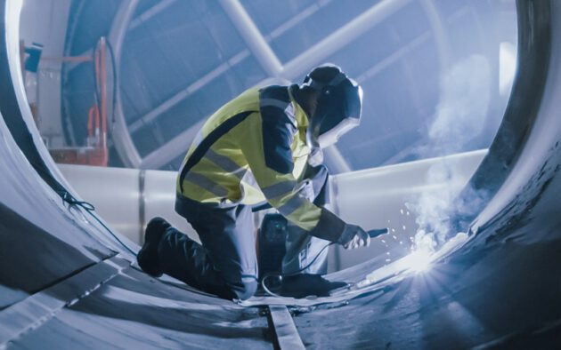 Worker in protective gear welding inside a large metal pipe, with sparks flying.