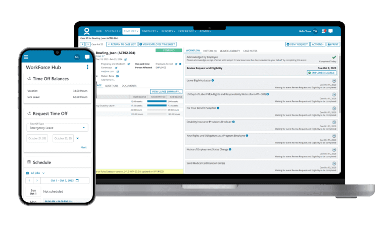 A laptop and smartphone display a workforce management software interface, showing time off balances, request forms, and schedules.