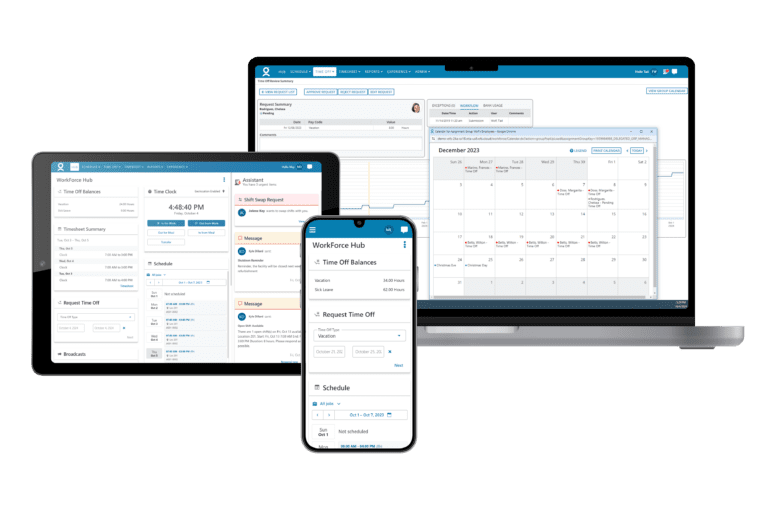 Displays three devices with workforce management software: a laptop showing a calendar, a tablet with an employee dashboard, and a smartphone displaying time off requests.