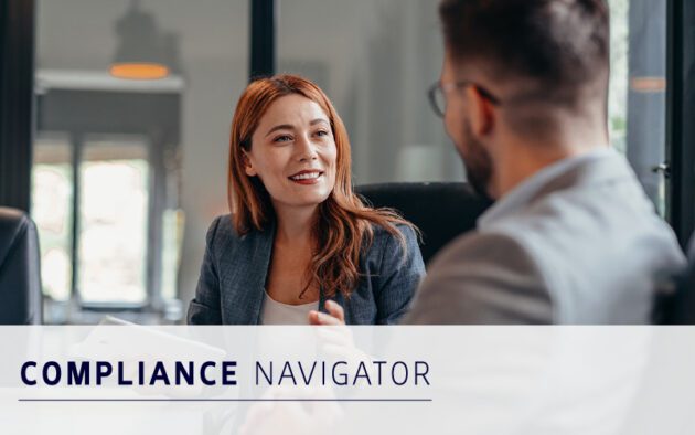 A woman in business attire smiles and talks to a man in an office setting. Text on the image reads "Compliance Navigator – your solution for workforce compliance software.