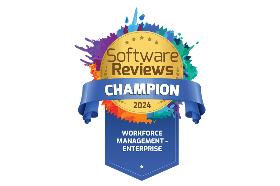 Badge displaying "Software Reviews Champion 2024" for Workforce Management - Enterprise.