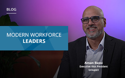 A man in a suit and glasses smiles against a gradient background labeled "MODERN WORKFORCE LEADERS." Text reads "Aman Bassi, Executive Vice President, GroupeX.