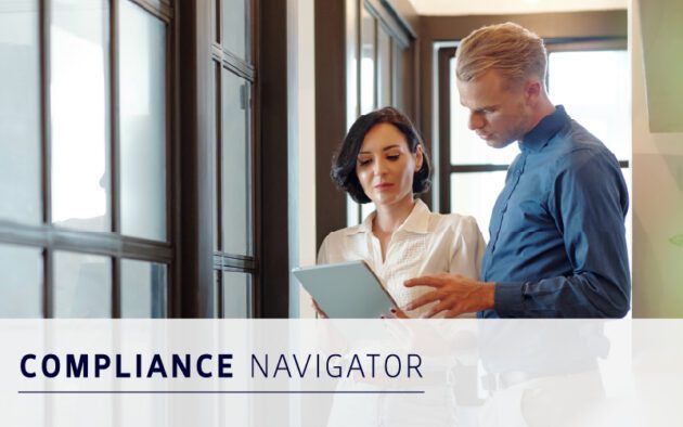 Two professionals review information on a tablet in an office setting. Text on the image reads "Compliance Navigator.
