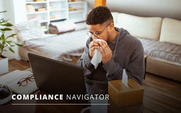 Man sitting at a desk using a tissue, with a laptop and tissue box nearby. Text reads "Compliance Navigator.