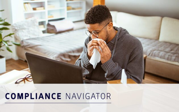 A man sits at a desk using a laptop while blowing his nose into a tissue, surrounded by papers and a box of tissues—illustrating the challenges of compliance. The text “COMPLIANCE NAVIGATOR” is overlaid at the bottom.