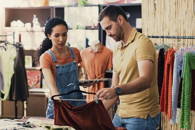 Two people in a clothing store examining an item on a hanger. The woman holds a tablet, and the man looks at the garment. Racks of clothing are visible in the background.