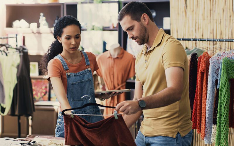 Two people in a clothing store examining an item on a hanger. The woman holds a tablet, and the man looks at the garment. Racks of clothing are visible in the background.