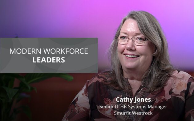 Woman smiling, labeled as Cathy Jones, Senior IT HR Systems Manager at Smurfit Westrock, in front of a "Modern Workforce Leaders" banner.