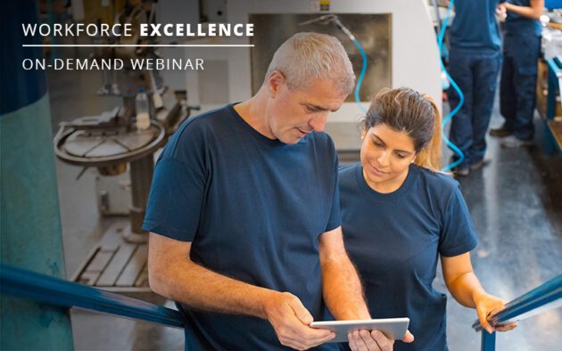 Two factory workers in blue shirts review information on a tablet, ensuring transparent and accurate pay. The text overlay reads "Workforce Excellence On-Demand Webinar.