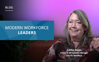 Woman smiling in a video still with the text: "Modern Workforce Leaders," featuring Cathy Jones, Senior IT HR Systems Manager at Smurfit WestRock.