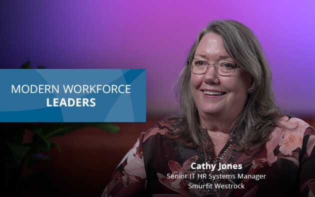 Smiling woman named Cathy Jones, Senior IT HR Systems Manager at Smurfit Westrock, appears in a promotional image for "Modern Workforce Leaders," highlighting her expertise in utilizing workforce management software to drive efficiency.