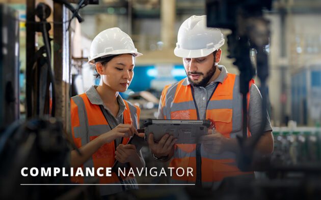 Two workers in hard hats and safety vests examine a tablet in an industrial setting. Text reads "Compliance Navigator.