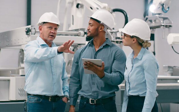 Three people in hard hats and blue shirts stand in a factory setting. One man gestures while speaking, another holds a tablet, and a woman listens attentively. Machinery is visible in the background.